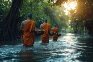 Buddhistische Mönche im Fluss